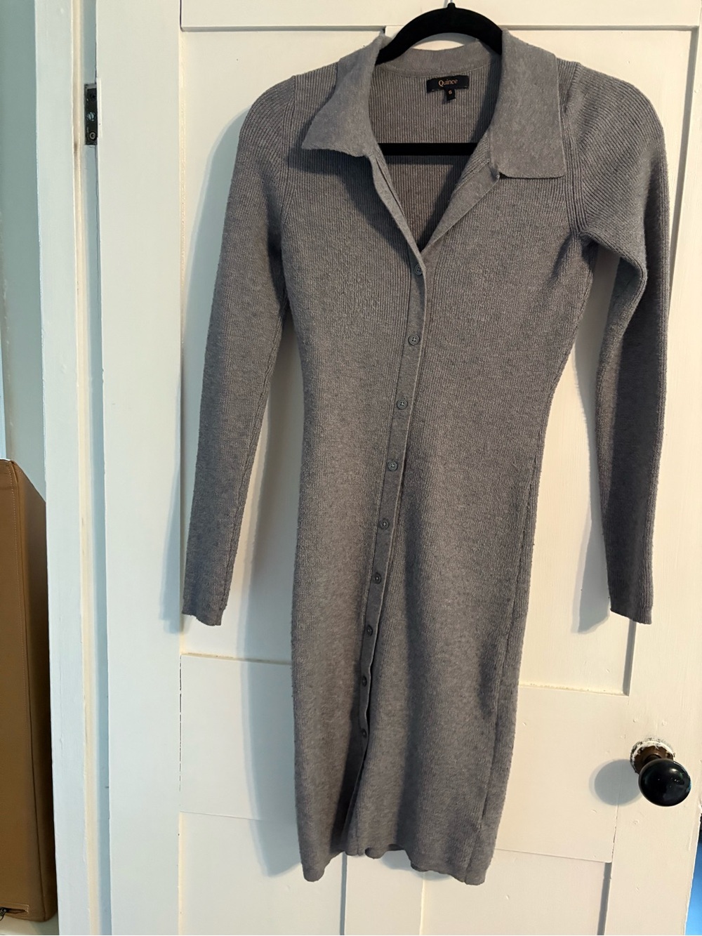 Quince Gray Ribbed Button-Down Long Sleeve Dress
